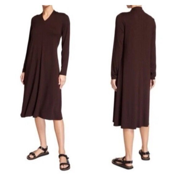 Eileen Fisher Dress Brown Raisin XS Extra Small Long Sleeve Pleat Back - Picture 1 of 9